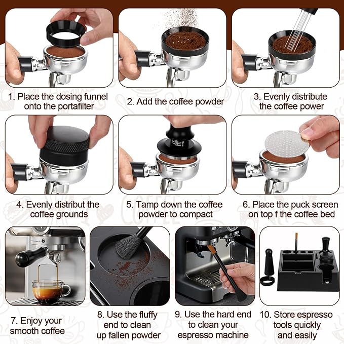7Pcs 53mm Espresso Accessories Kit Espresso Tamping Station Spring Loaded Calibrated Tamper Tool and Dosing Funnel Set Coffee Distributor and Tamper Leveler Fits 53mm Machines