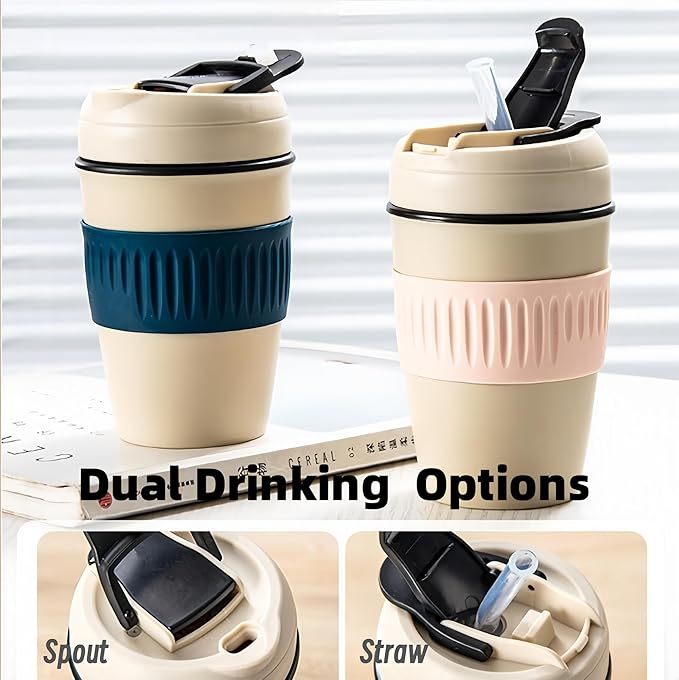 12oz Portable Vacuum Insulated Coffee Mug with Ceramic Inner, for Coffee, Flower Tea, Milk & Juice, Dual - Drinking, Leak - Proof (Black)