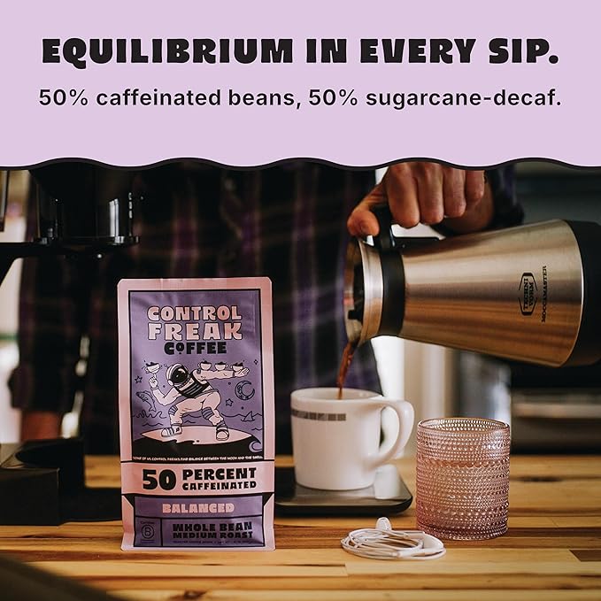 Control Freak Coffee Balanced – 50% Caffeine Whole Bean Coffee (12 Oz) | Half Caff Coffee Blend for Smooth Focus, Full Flavor for Half the Buzz | Sugarcane Decaf, Freshly Roasted Coffee Beans