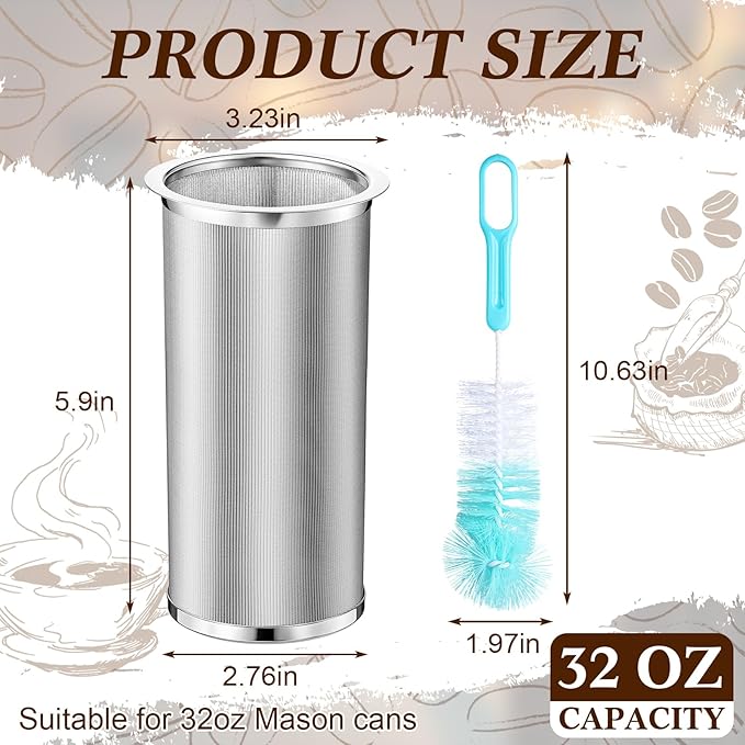 Cold Brew Coffee Filter with Brush for 32 Oz/1 Quart Wide Mouth Mason Jar Infuser 304 Stainless Steel Strainer Food Grade Filter with Sealing Ring for Iced Drink Fruit Tea Coffee Maker