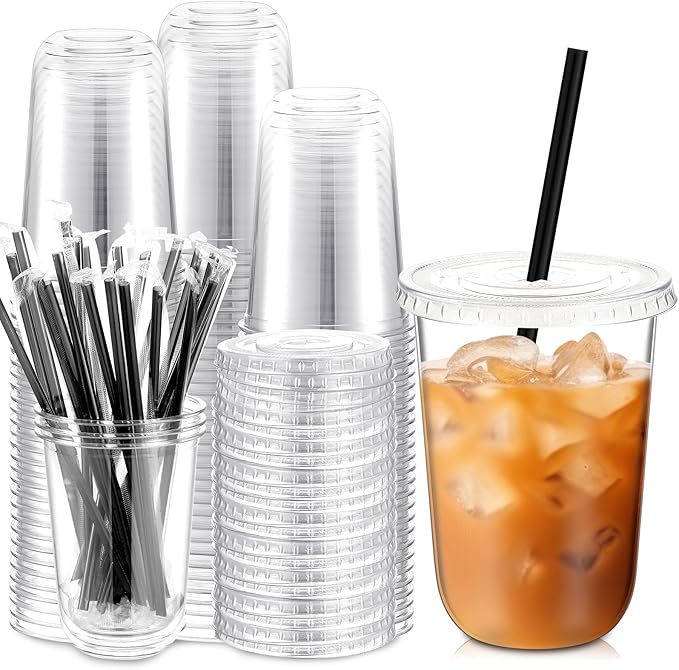 100 Set 16 oz Clear Plastic Cups with Lids and Straws, Disposable Iced Coffee PET Cups for Drinking Cold Beverage Juice Parfait Smoothie Milkshake Coffee Shops Party Supplies