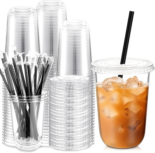 100 Set 16 oz Clear Plastic Cups with Lids and Straws, Disposable Iced Coffee PET Cups for Drinking Cold Beverage Juice Parfait Smoothie Milkshake Coffee Shops Party Supplies