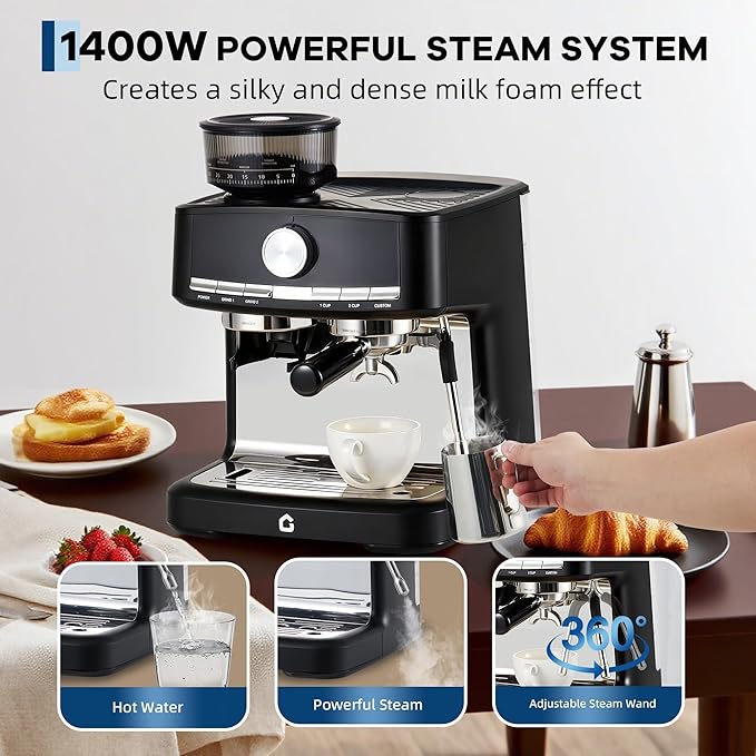 Professional Espresso Machine with Built-in Grinder, 20 Bar Pressure Stainless Steel Coffee Maker with Milk Frother, 1.5l Removable Water Tank for Latte & Cappuccino, Ideal for Home & Office Use