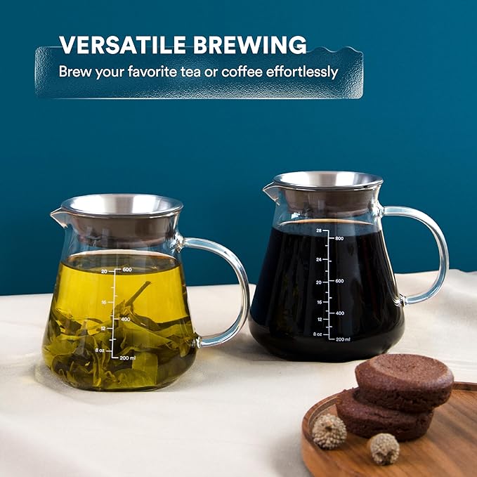 Glass Range Coffee Server For Pour Over Coffee & Tea - 600ml/20oz Ovalware Microwave Safe & Heatproof 2.5mm Thick Glass Body