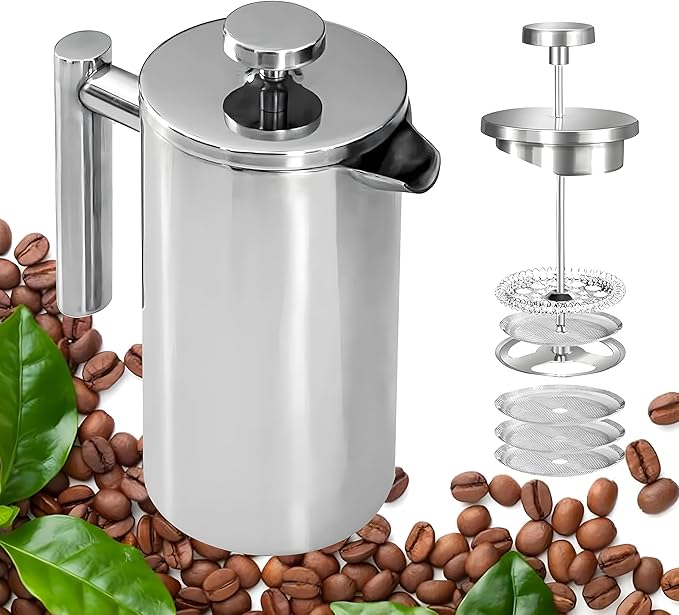 Small French Press Coffee Maker - Small 12oz/350ml Single Cup Metal French Press(1 Cup), Stainless Steel Double Wall Insulated Coffee & Tea Maker w/ 3 Extra Screens + 1 Spoon (Silver), Dishwasher Safe