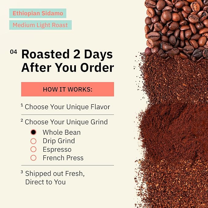 Ethiopian Sidama Coffee Beans - Single Origin Medium Light Roast Beans, Freshly Roasted To Order Whole Bean Coffee, Specialty Grade, Non-GMO