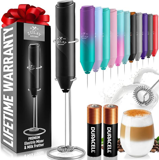 Zulay Kitchen Powerful Milk Frother Handheld with 2 Duracell AA Batteries – Ultra Fast Frother Wand Electric Drink Mixer for Coffee, Lattes, Cappuccinos, Matcha & Hot Chocolate – Portable Foam Maker