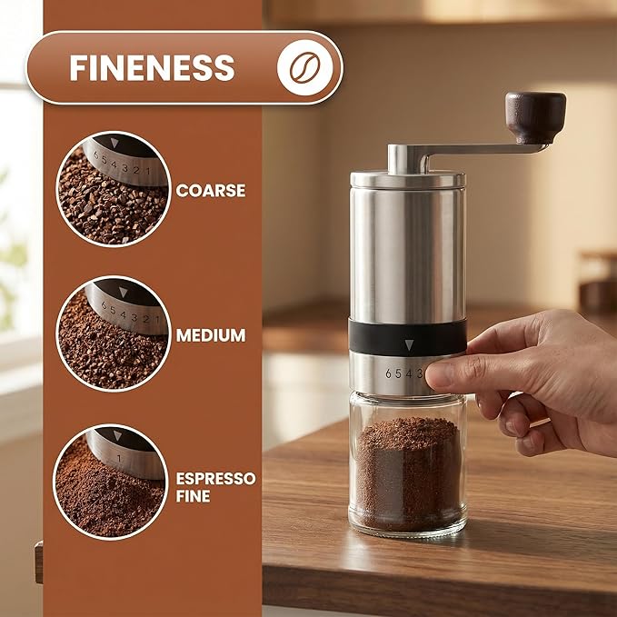 Manual Coffee Grinder – Professional Stainless Steel Burr Mill with 6 Adjustable Settings – Portable Hand Crank Grinder for Espresso to French Press – Glass Grounds Container & Ergonomic Wooden Handle