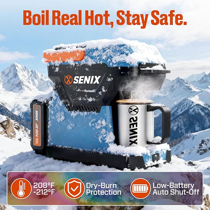 SENIX Portable Coffee Maker with 5000mAh Battery, Self Heating Coffee Machine for Car/RV/Camping, Dual AC/DC Power, Compatible with Ground & ESE Pods, Travel Drip Brewer with Stainless Steel Cup