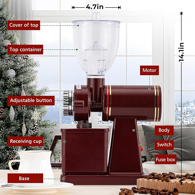 Burr Coffee Grinder - Electric Espresso Grinder for Home & Commercial Use, Silent, Adjustable Grind, With Hopper, Brush, Spoon, Red