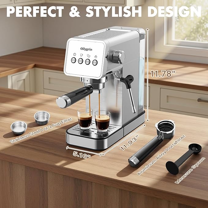 20 Bar Espresso Machine with Steam Wand - Dual Shot Espresso Maker, Precise Pre-Infusion, Large Detachable Tank & Drip Tray, Cup Warming Tray