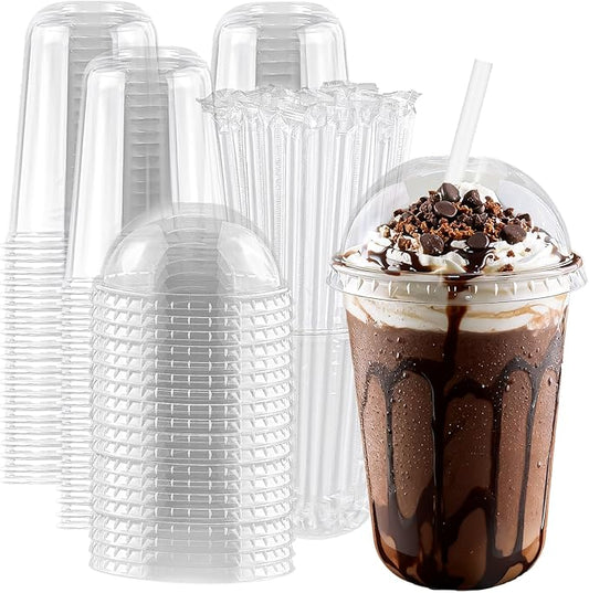 100 Set 16oz Disposable Clear Plastic Cup with Lids and Straws, Sturdy & Food Safe Iced Coffee Cups, Plastic Cold Drinks Cups for Smoothie, Milk Tea, Assorted Beverages Party Supplies