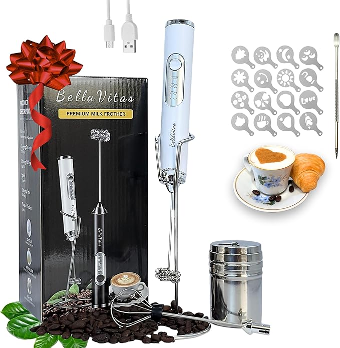 BellaVitas Milk Frother Handheld Rechargeable 3-Speed Electric Frother Wand Whisk Foam Maker Drink Mixer with Stand, 2 Whisks, Spice Shaker, Art Stencils, Art Pen for Coffee Latte, Cappuccino, White