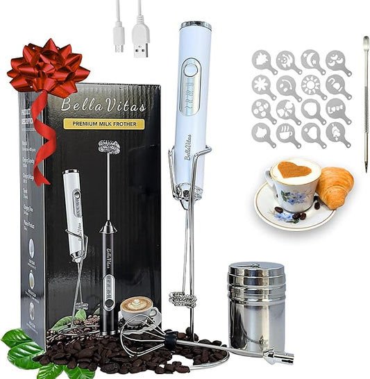 BellaVitas Milk Frother Handheld Rechargeable 3-Speed Electric Frother Wand Whisk Foam Maker Drink Mixer with Stand, 2 Whisks, Spice Shaker, Art Stencils, Art Pen for Coffee Latte, Cappuccino, White