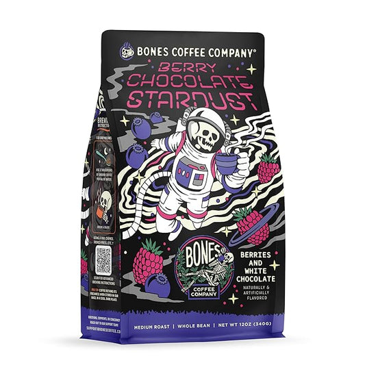 Bones Coffee Company Berry Chocolate Stardust, Berries and White Chocolate Flavored Coffee, Medium Roast Low Acid Arabica Beans For Auto drip and French Press Coffee Maker, 12 Oz Whole Bean