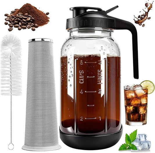 RuileMei Cold Brew Coffee Maker,64 oz mason jar pour spout lid, coffee carafe,Refillable Stainless Steel Filter,Non-slip silicone sleeve for glass pitcher, Homemade Beverage