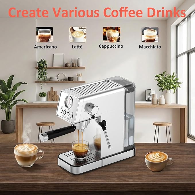 Professional Espresso Machine with Pressure Gauge, 20Bar Touchscreen Single Serve Coffee Maker, Stainless Steel, Milk Frother Wand, Cup Warmer for Home Barista