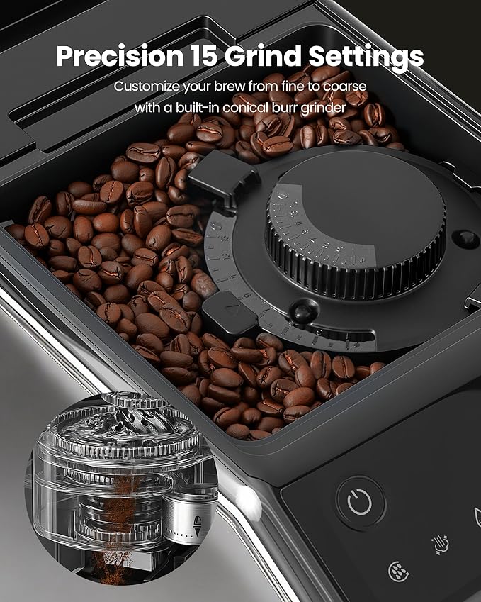 Automatic Espresso Machine, 20 Bar Espresso Maker with Touch Control, 15-Grind Settings Super Automatic Coffee Machine with Integrated Milk Frother, Auto Self-Cleaning