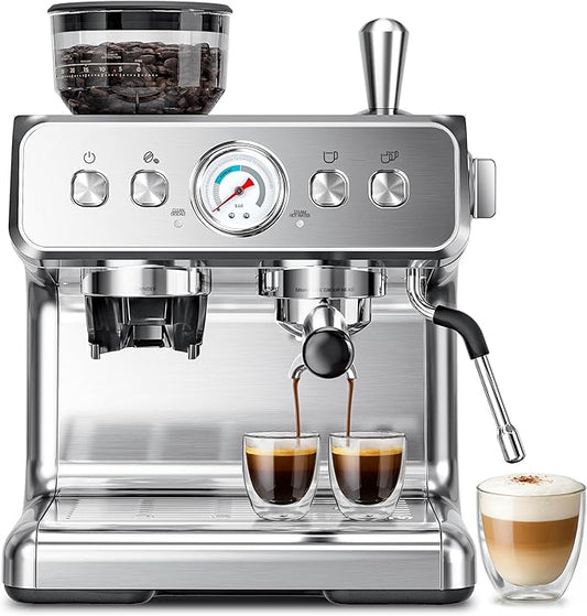 Kismile Espresso Machine with Grinder, 20 Bar Expresso Coffee Machines with Milk Frother Steam Wand, Espresso Maker with 30 Grind Settings, Expresso Machines for Home, Perfect for Cappuccino, Latte