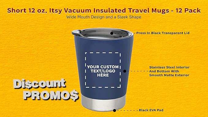 Personalized 12 oz. Itsy Vacuum Insulated Travel Mugs - 12 Pack - Custom Text, Logo - Blue