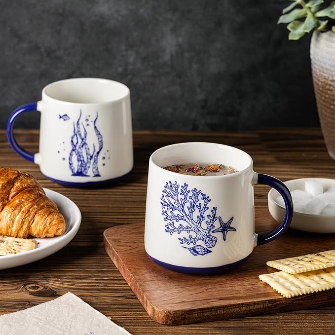 AmorArc Large Coffee Mugs Set of 4, 16oz Ceramic Coffee Cups with Sea Life Patterns for Tea Latte Cocoa. Easy to Hold&Clean, Dishwasher&Microwave Safe, Blue&White