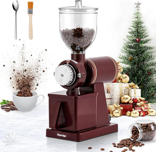 Burr Coffee Grinder - Electric Espresso Grinder for Home & Commercial Use, Silent, Adjustable Grind, With Hopper, Brush, Spoon, Red