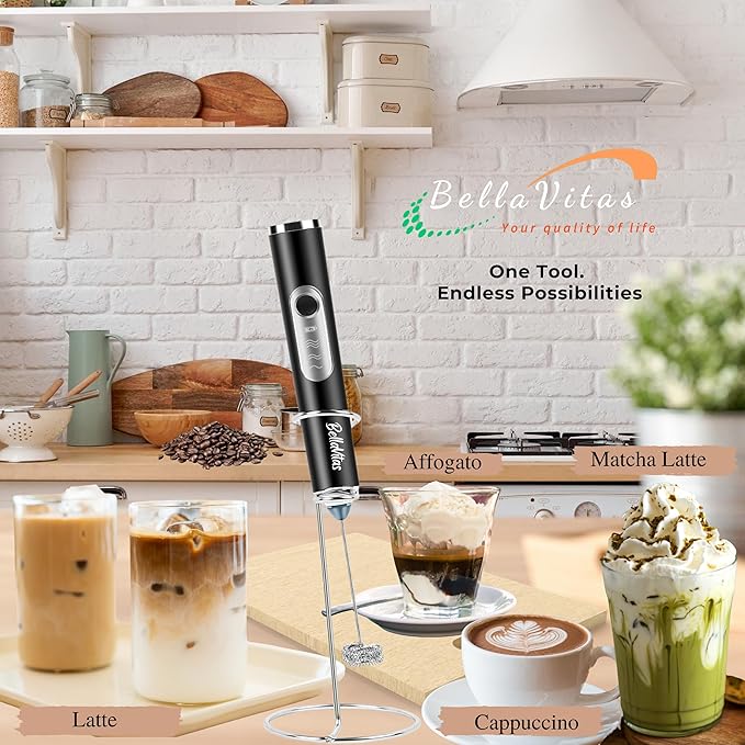 BellaVitas Milk Frother Handheld Rechargeable 3-Speed Electric Frother Wand Whisk Foam Maker Drink Mixer with Stand, 2 Whisks, Spice Shaker, Art Stencils, Art Pen for Coffee Latte, Cappuccino, Black