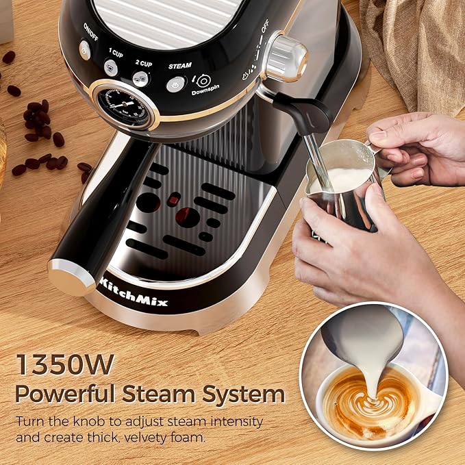 Espresso Machine with Milk Frother ，20 Bar Stainless Steel Espresso Maker with Milk Frother Steam Wand, Espresso Coffee Machine with Removable Water Tank (Black)