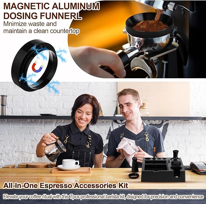 7Pcs 53mm Espresso Accessories Kit Espresso Tamping Station Spring Loaded Calibrated Tamper Tool and Dosing Funnel Set Coffee Distributor and Tamper Leveler Fits 53mm Machines