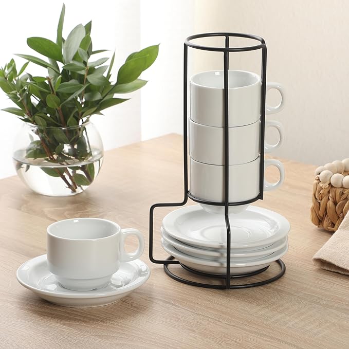 Gibson Home Gracious Dining 3-Ounce Espresso Cups Set of 4, Small Stackable Coffee Cups with 4 Saucers, Metal Stand, Ceramic Demitasse Mugs, Espresso Accessories for Machine