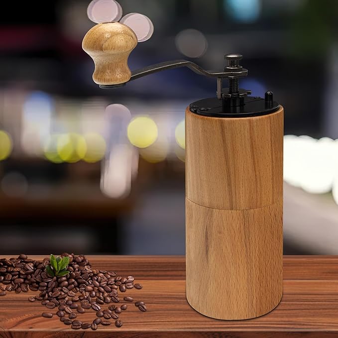 Manual Coffee Grinder, Wooden Hand Coffee Mill with Adjustable Burr, Natural Beech Wood, 5.93x2.68 Inch