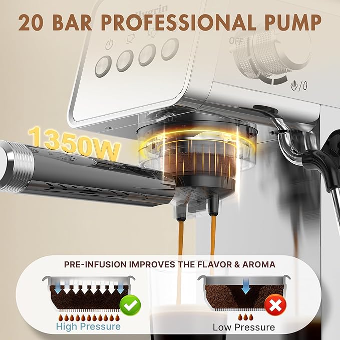 20 Bar Espresso Machine with Steam Wand - Dual Shot Espresso Maker, Precise Pre-Infusion, Large Detachable Tank & Drip Tray, Cup Warming Tray