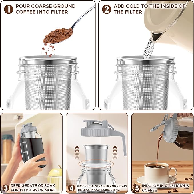 AHOMSEL Cold Brew Coffee Maker Jar - 2 Pack 64 oz Glass Cold Brew Maker with Handle, Stainless Steel Filter & Leak-Proof Lid, Heavy Duty Cold Brew Pitcher for Iced Coffee, Sun Tea, and Milk