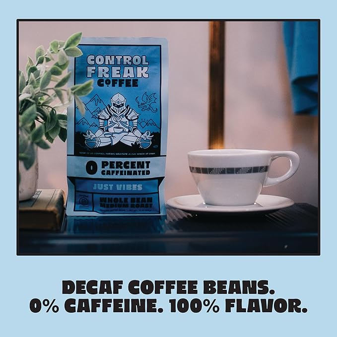 Control Freak Decaf Coffee Just Vibes, 0% Caffeine Whole Bean Coffee (12 Oz) – Fresh Sugarcane Processed Coffee Beans, Chemical-Free Decaffeination, Calm Energy, Full Flavor, No Buzz