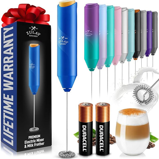 Zulay Kitchen Milk Frother Handheld with 2 Duracell AA Batteries – Electric Drink Mixer for Coffee, Lattes, Cappuccinos, Matcha & Hot Chocolate – Portable Foam Maker & Coffee Bar Accessory