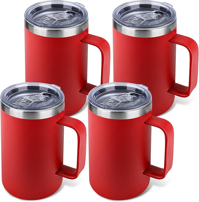 Zynkify 22oz Insulated Coffee Mug with Handle & Leak-Proof Lid - Double Wall Stainless Steel Travel Tumbler Bulk for Commute/Office/Home, Red, 4 Pack