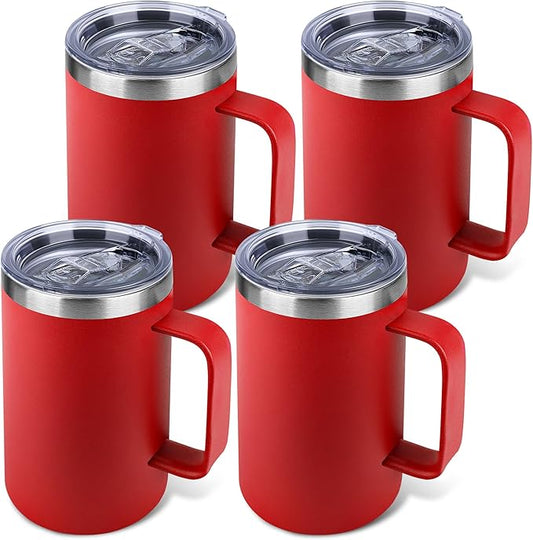 Zynkify 22oz Insulated Coffee Mug with Handle & Leak-Proof Lid - Double Wall Stainless Steel Travel Tumbler Bulk for Commute/Office/Home, Red, 4 Pack