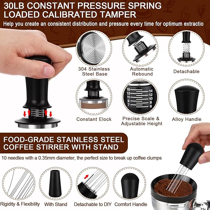 7Pcs 51mm Espresso Accessories Kit Espresso Tamping Station Spring Loaded Calibrated Tamper WDT Tool and Dosing Funnel Set Coffee Distributor and Tamper Leveler Fits 51mm Machines