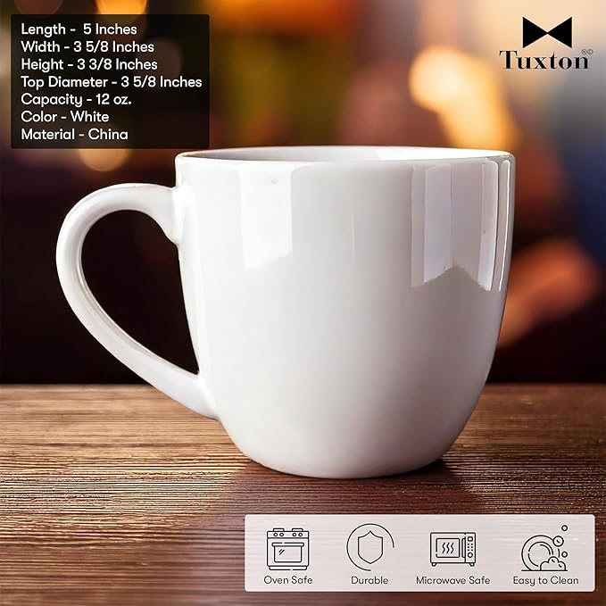 Tuxton China BPM-120A Milano Mug, 12 oz., 3-5/8" Diameter x 3-3/8"H, Microwave and Dishwasher Safe, Oven Proof, Fully Vitrified, DuraTux, Porcelain White, Pack of 24
