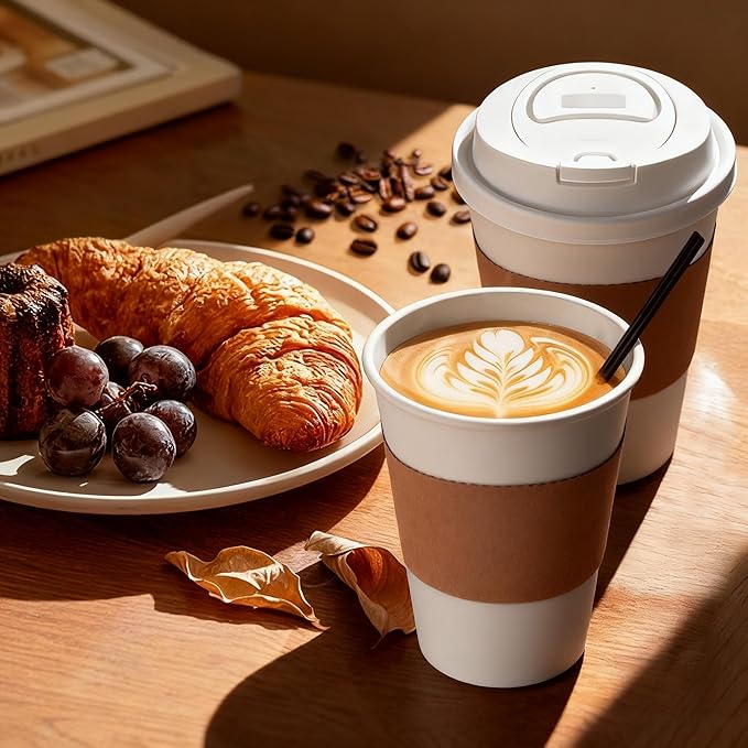 12 oz Disposable Coffee Cups with Lids, Sleeves and Stirrers 100 Pack, Hot Cups with Lids, Leak-Proof To Go Cups for Hot Chocolate, Cocoa, Office, Coffee Bar Accessories