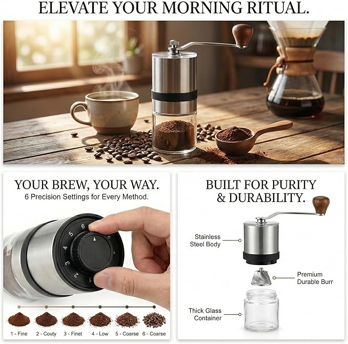 Manual Coffee Grinder – Professional Stainless Steel Burr Mill with 6 Adjustable Settings – Portable Hand Crank Grinder for Espresso to French Press – Glass Grounds Container & Ergonomic Wooden Handle