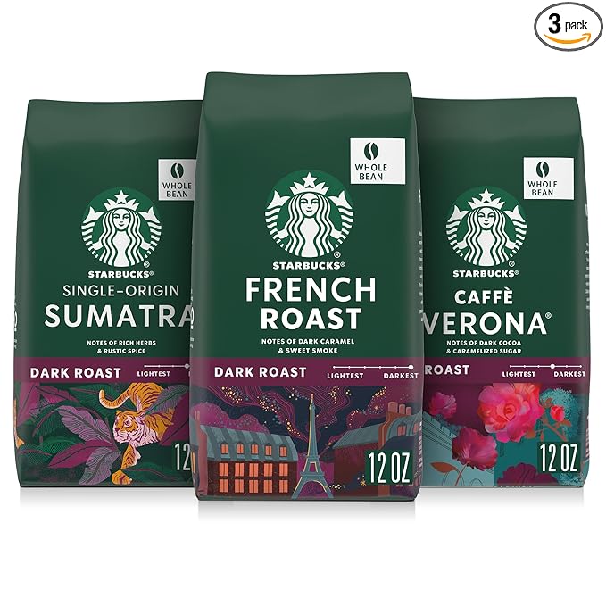 Starbucks Whole Coffee Beans, Dark Roast Hot or Iced Coffee, Variety Pack, Three 12 oz Bags