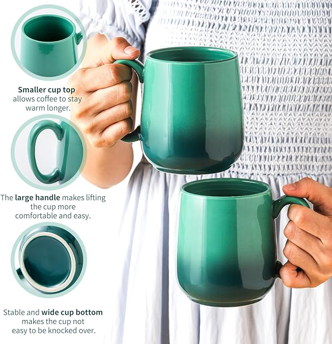 HASENSE Ceramic Coffee Mugs Set of 4,15oz Large Mugs Set for Home and Office, Microwave & Dishwasher Safe, Coffee Cups for Coffee Tea Mike, Gradient Green