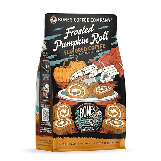 Bones Coffee Company Frosted Pumpkin Roll Flavored Coffee, Medium Roast Low Acid Arabica Beans Compatible with Auto drip and French Press Coffee Maker, 12 Oz Whole Bean