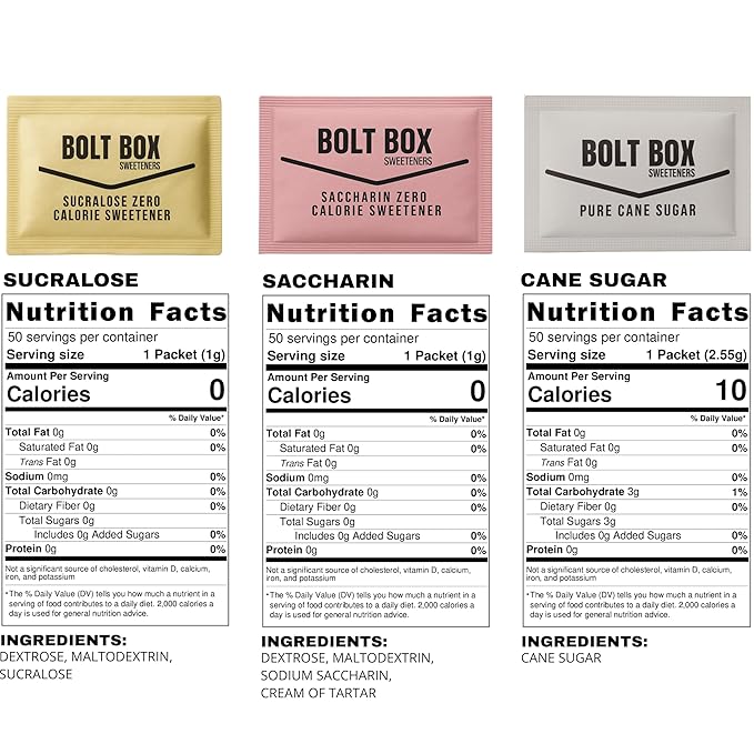(400 total, 100 each) Bolt Box Sugar & Sweetener Packets Box - Cane Sugar, Substitute Packets, Plastic Coffee Stirrers