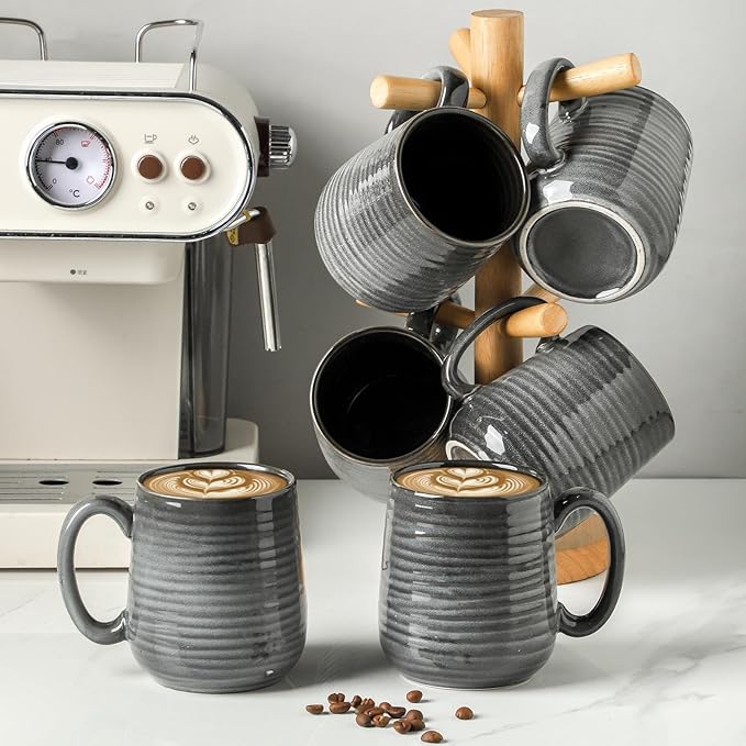 HASENSE Ceramic Coffee Mugs - 15 OZ Large Coffee Cups Set of 6 with Handle for Hot Beverages, Porcelain Latte Mugs for Tea, Milk, Cocoa, Cappuccino and Mocha, Microwave and Dishwasher Safe, Grey