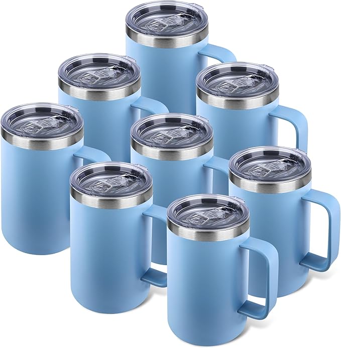 Zynkify 22oz Insulated Coffee Mug with Handle & Leak-Proof Lid - Double Wall Stainless Steel Travel Tumbler Bulk for Commute/Office/Home, Blue, 8 Pack