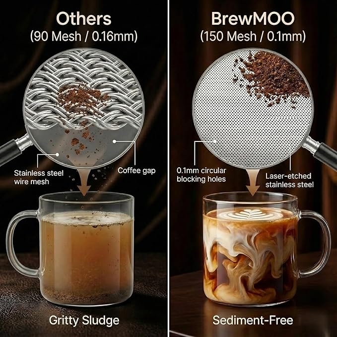 BrewMOO Cold Brew Coffee Pitcher (1.0L/34oz) - Elegant Sleek Wave Borosilicate Glass Pitcher with 100um 304 Stainless Steel Filter & Airtight Lid, Efforless Mannual for Beginner, Sophisticated Gift