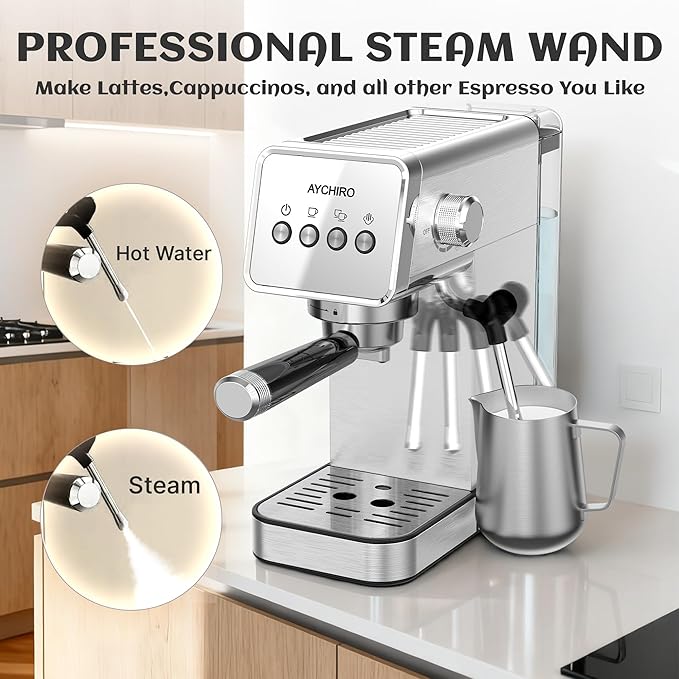 Espresso Machine with Steam Milk Frother, 20 Bar Professional Espresso Coffee Maker for Latte & Cappuccino, 1-Touch Control, Stainless Steel Housing, Removable Water Tank & Drip Tray