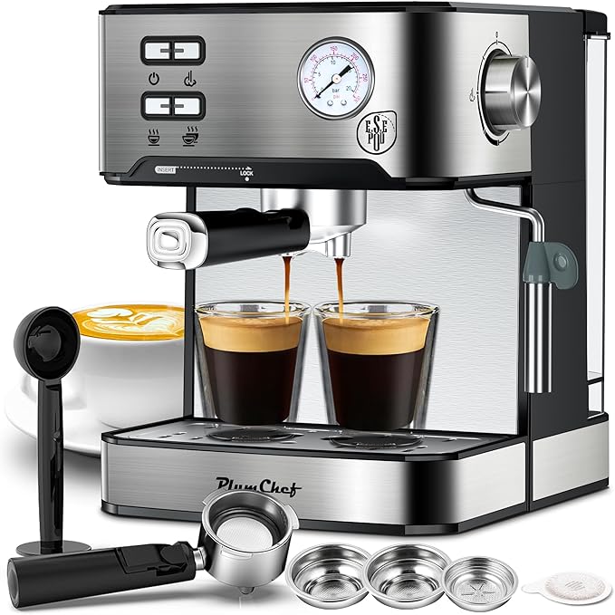 20 Bar Espresso Machine with Milk Frother, Dual Shot Coffee Maker, ESE Pod, Pressure Display, 54 OZ Removable Water Tank for Home Barista (Stainless Steel)